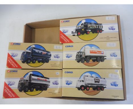 Five Corgi Classic boxed die-cast oil tanker models including Scammel Highwayman, Foden Tanker Hovis, Atkinson Tanker, ERF et