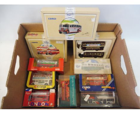 Ten mostly Corgi boxed die-cast model buses including Corgi Classics, Original Omnibus, Routemaster, twin packs etc. 