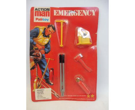 Action Man Palitoy Emergency Highway Hazard 34512, carded with stars inc. a jack, an axe, bulk cutters and a fire extinguishe