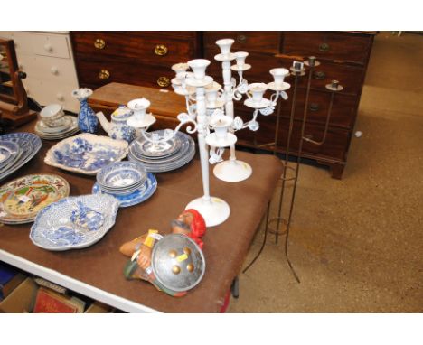A Bossons plaster bust, and a pair of white painted candelabra
