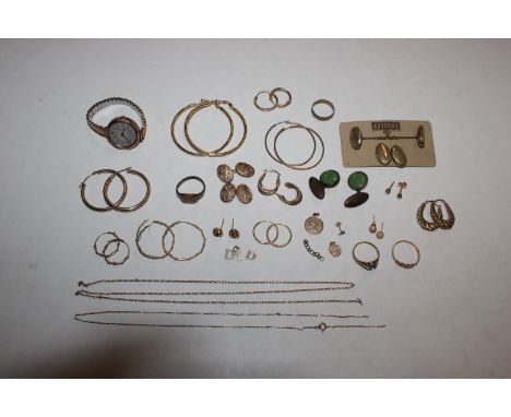 Four pairs of 9ct gold earrings - some AF; a 9ct gold pendant; two 9ct gold rings AF; a 9ct gold necklace AF 11.5gms total we