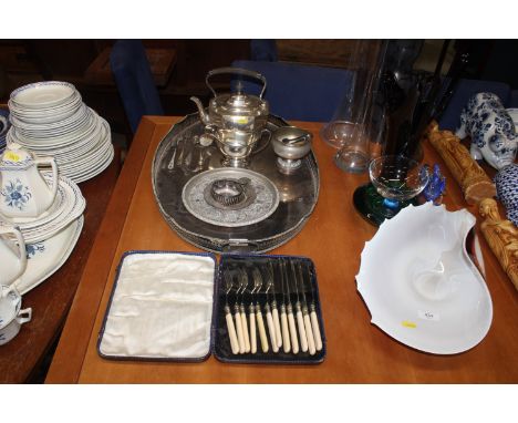 A quantity of various silver plated ware to include Asprey of London silver plated tea pot, a twin handled silver plated gall