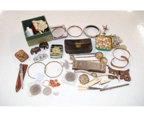 A box of small sundry items to include snuff bottle, costume jewellery, Harmonica, bangles etc.