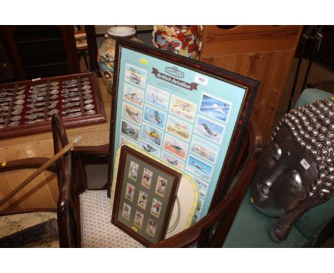 A Lennox Summers Greetings plate, a framed collection of Players cigarette cards depicting rugby players and British Aviation