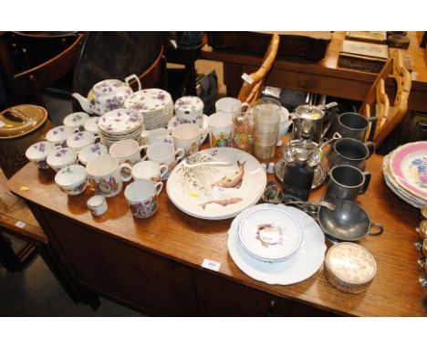 A collection of Hammersley floral pattern tea ware, pewter tankards, commemorative mugs, fish plates etc. 