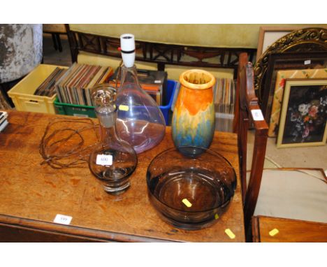 A smoked glass bowl together with smoked glass decanter, a Crown Ducal No.121 running glaze vase and an amethyst coloured gla