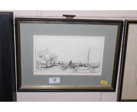 After Rembrandt, framed and glazed black and white engraving depicting moored boats 