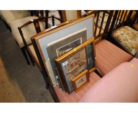 A quantity of various pictures and prints to include David Morgan watercolours, a wool work study etc.