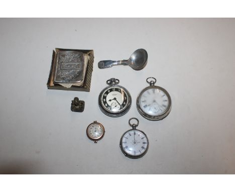 A silver cased pocket watch; a white metal cased pocket watch; an Ingersoll pocket watch; a fob seal; a vintage wrist watch; 