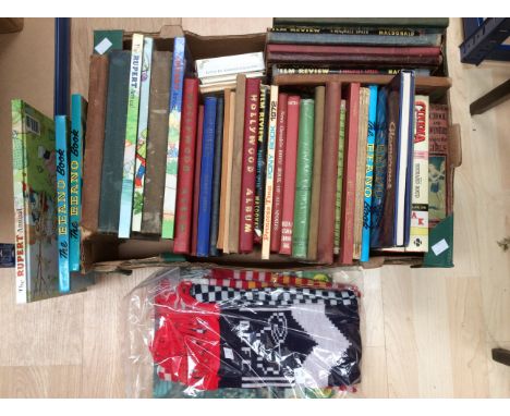 A collection of vintage children's books to include Beano, Rupert, Tiger, Beatrix Potter and others, a DCFC scarf and a LFC s