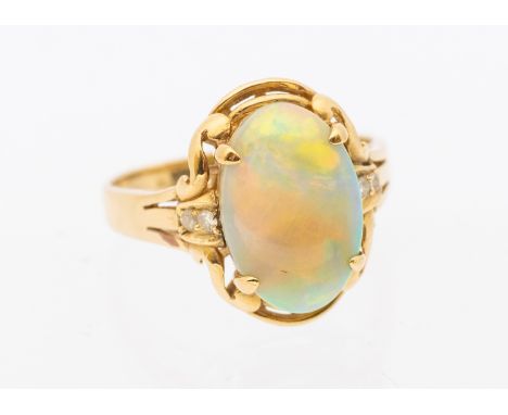 An opal and diamond 14ct gold ring, comprising an oval opal approx 9x9mm, with orange, green and blue play of colour, claw se