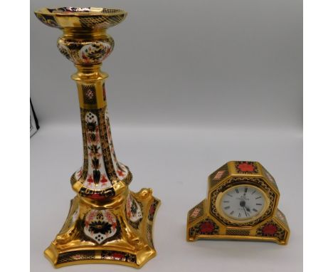 A Royal Crown Derby 1128 Imari tall candlestick, 1st quality along with a 2nd quality Imari mantle clock.