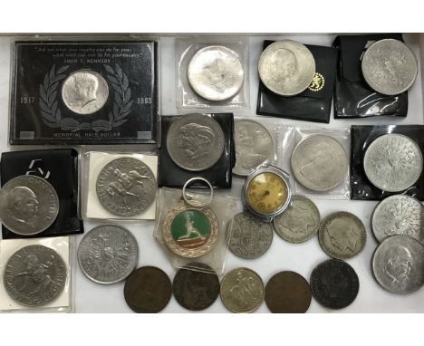 Collection of coins, with two Pre 47 Halfcrowns, 835 marked ring, Commemorative Crowns, American Half Dollar and what could b