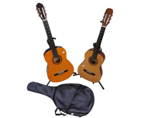  Two Hohner guitars on stands, one with carry case.
