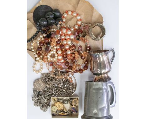 A collection of costume jewellery to include silver and white metal chains, bangle,&nbsp; beaded necklaces, costume jeweller 