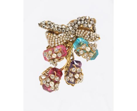 Miriam Haskell- a vintage gilt metal glass, seed bead and rhinestone spray brooch, comprising blue, red, pink and purple glas