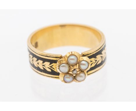 An enamel and seed pearl ring, with daisy pearl and diamond set motif to the front, the band with gold garland detail to a bl