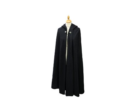 A granite grey opera cape with hood, two decorative button clips.
