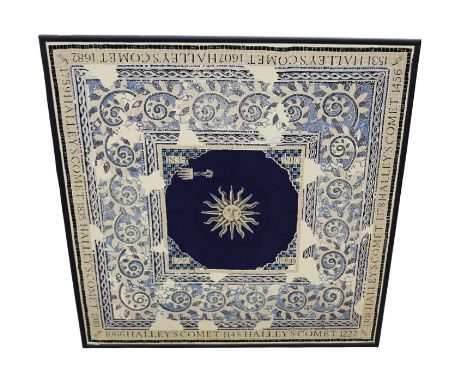  A decorative Halley's Comet silk scarf from 1986 in colourways of a blue scrolled and paisley print with a deep blue centre 
