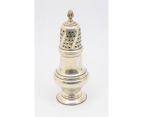 An Elizabeth II silver sugar caster, circular footed base with detachable top with swirled finial, hallmarked by Mappin & Web