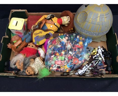 A collection of Star wars figures, vintage Trolls and Playmobile figures etc.