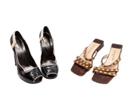  Two pairs of vintage and early 21st Century shoes and sandals, Versace black patent wedge peep toes, the heels have a gold t
