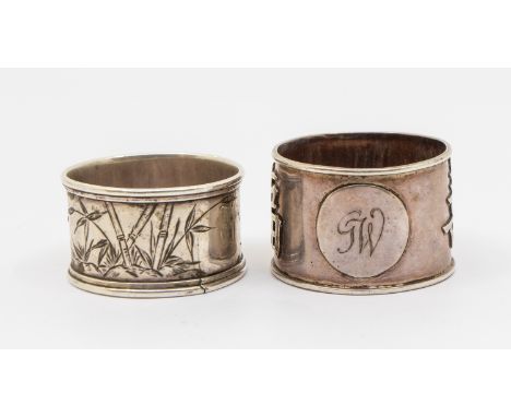 A Chinese silver napkin ring, with relief Chinese script to sides and initialled circular cartouche, by Luen Hing, Shanghai, 