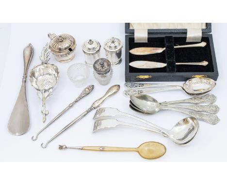 A small collection of silver and plated items to include; a matching Elizabeth II silver cruet set consisting of mustard pot 