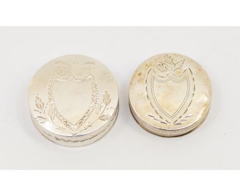 A George III silver Neo-Classical circular patch box, the cover engraved with shield shaped cartouche, hallmarked by IT., Bir