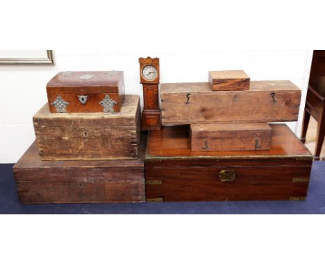 A collection of 19th or 20th century mixed wooden boxes to include: a brass bound rectangular mahogany writing box, compartme