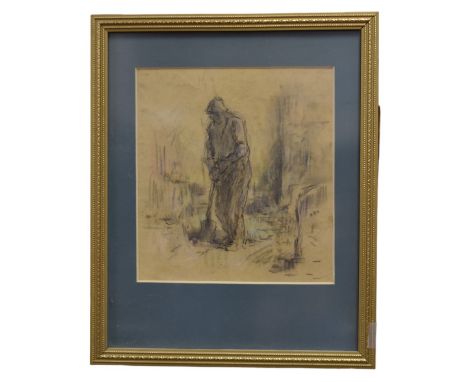 Sholto Johnstone Douglas (Scottish, 1871-1958) - a mixed media drawing of a male figure, possibly a grave digger, 16 x 15cm