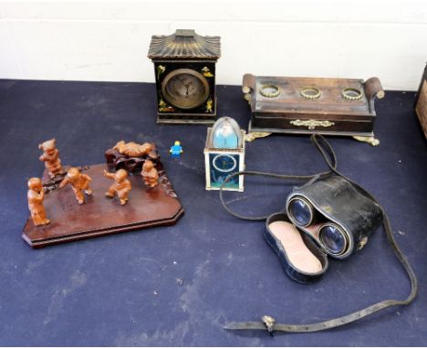 A late 19th Century desk ink stand, late 19th Century cased binoculars, early 20th Century mantle clock with another and Chin