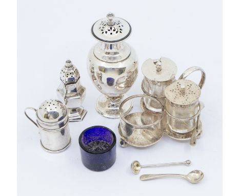 A collection of various silver condiments to include:  1. A Victorian large urn shaped pepper pot, pierced cover and finial, 