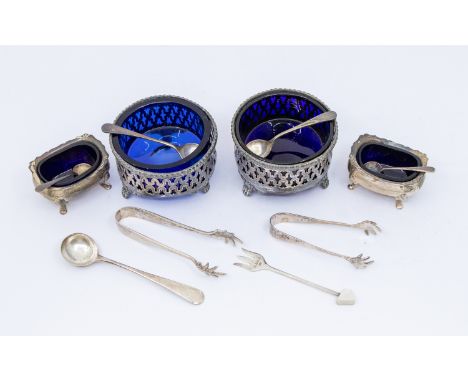 A small collection of silver items to include; a pair of George V silver salt cellars, on for feet, hallmarked by Suckling Lt