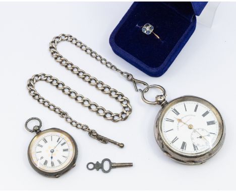 Two silver cased pocket watches along with a white metal watch chain together with a stone set 9ct gold ring (1 bag)   wear a