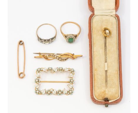 A collection of antique jewellery to include a yellow metal enamel and seed pearl foliate brooch, length approx 35mm, unmarke