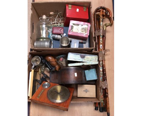 A collectors lot containing mantle clock, walking sticks, ships in bottles, coins, costume jewellery, prints and pewter etc.