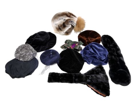  A collection of hats to include: a Lapin hat in greys and fawn with a large ginger fur bobble and velvet lining; a velvet ha