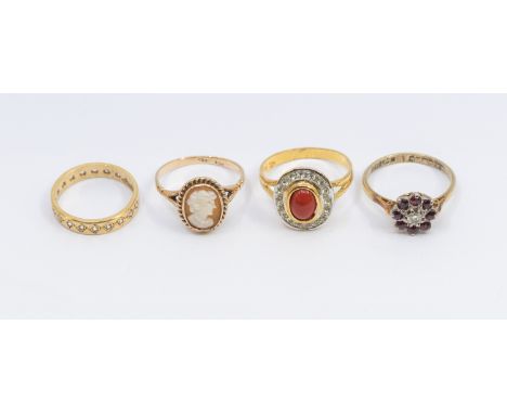 A 9ct gold cameo ring, size O, along with a diamond and ruby 9ct gold cluster ring, size O, combined total gross weight appro