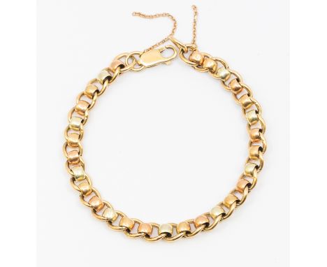 A 9ct gold three tri colour roller ball bracelet, width approx 6mm, length approx 200mm, weight approx 18.9gms safety chain s