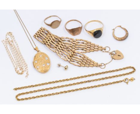 A collection of weighable 9ct gold including a locket, chains, gate bracelet, 2 signet rings single earrings, combined weight