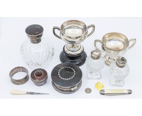 A collection of silver items to include; a pair of small twin handled George V silver trophies, each engraved "The Rowntree C