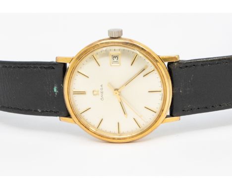 Omega- a gentleman's vintage gold plated Omega wristwatch, comprising a signed silvered dial with applied baton markers, date