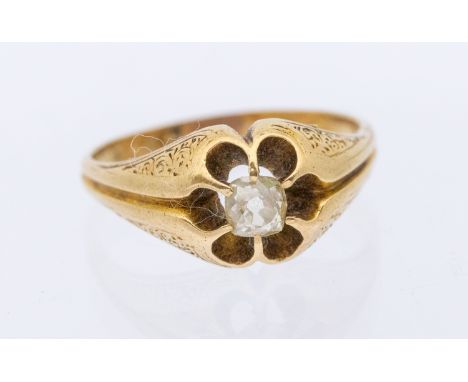 A diamond and 18ct gold ring, comprising an old European cushion cut diamond, approx 0.20ct, flower shaped claw setting, to e