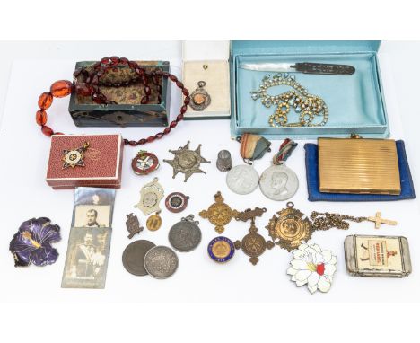 Vintage costume jewellery, including red faceted bead necklace, enamel brooches, silver medallion,&nbsp; mother of pearl lett
