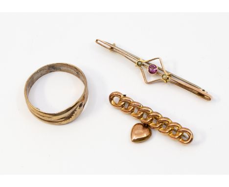 Two 9ct gold brooches, including stone set version, along with stone set 9ct gold ring, combined total gross weight approx 8.