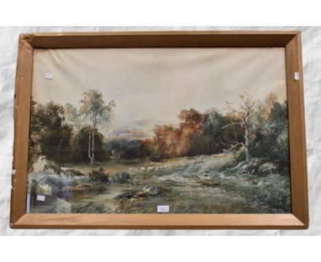 A 19th Century English school watercolour of sheep by a river in gilt frame along with a French framed print.