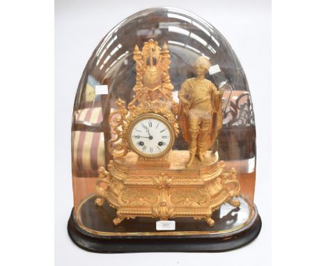 A 19th Century French gilt spelter eight day mantle clock in glass dome, Roman and Arabic numerals to face with 16th Century 