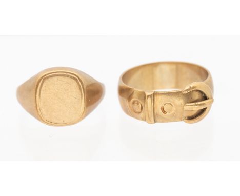 A gentleman's 9ct gold buckle ring, width approx 8mm, size X and a gentleman's 9ct gold cushion shaped signet ring, size U, c