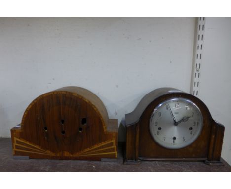 An Art Deco oak mantel clock and a walnut mantel clock case 